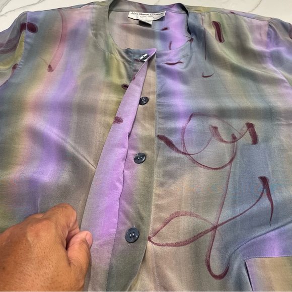 VTG 80s Aliki Yamani Jacket Top Sheer Silk Hidden Buttons Colorful Shoulder Pad - Picture 11 of 12